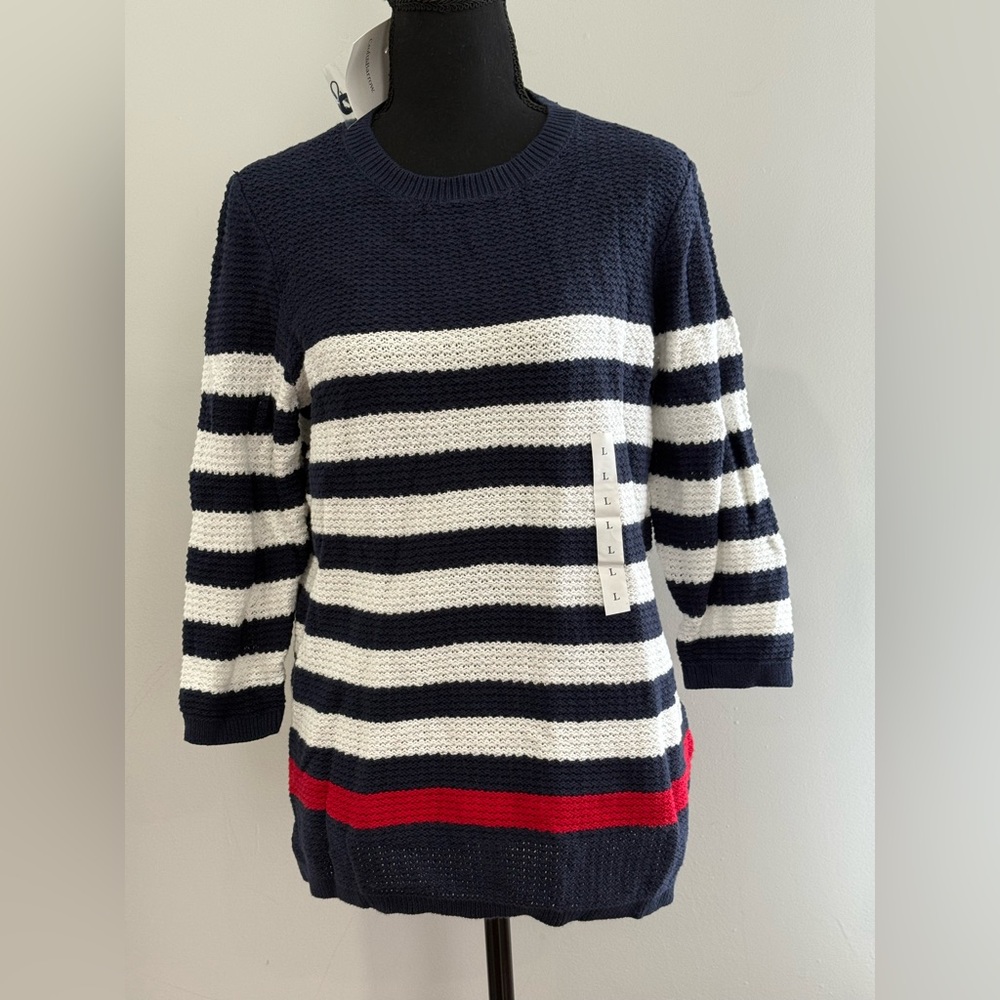 New Croft& Barrow L Striped Navy and White Sweater 371